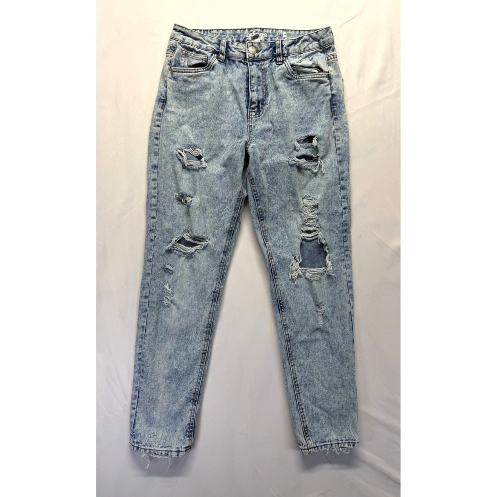 Refuge Denim Mom Jeans Womens 5 Blue Cotton Relaxed High Rise Distressed Raw Hem